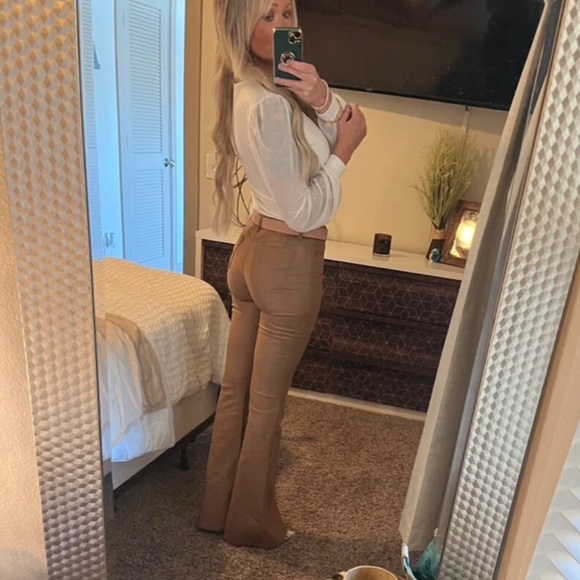 Tan Faux Leather Wax Coated Jeans Flared Leg Bell Bottom High Waist - Picture 13 of 15